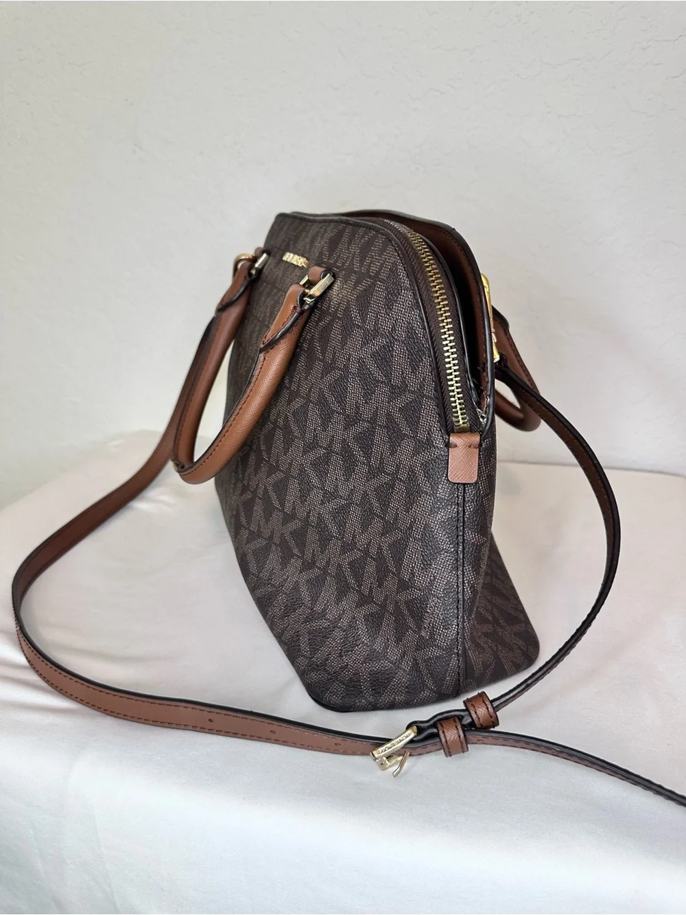 Michael Kors Jet Set Travel Large Satchel Brown MK Signature PVC Leather Trim